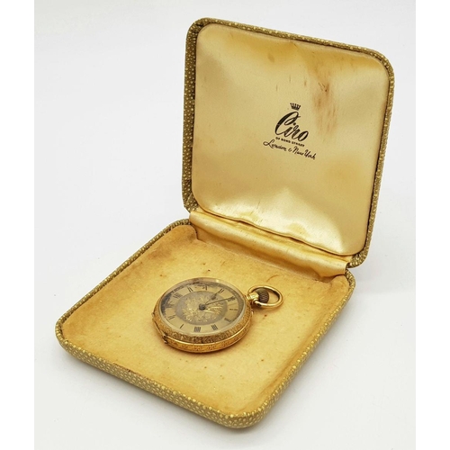 13 - AN 18K GOLD LADIES ORNATELY DECORATED EARLY 20TH CENTURY POCKET WATCH (OVERWOUND)   31.6gms