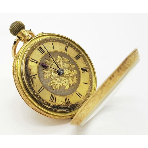 13 - AN 18K GOLD LADIES ORNATELY DECORATED EARLY 20TH CENTURY POCKET WATCH (OVERWOUND)   31.6gms