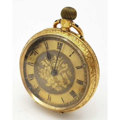 13 - AN 18K GOLD LADIES ORNATELY DECORATED EARLY 20TH CENTURY POCKET WATCH (OVERWOUND)   31.6gms