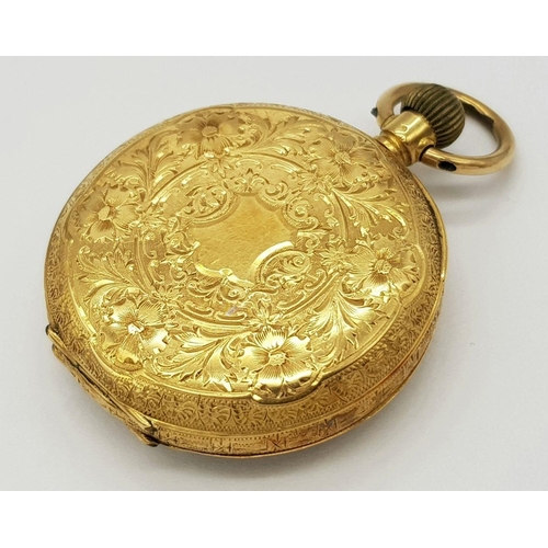 13 - AN 18K GOLD LADIES ORNATELY DECORATED EARLY 20TH CENTURY POCKET WATCH (OVERWOUND)   31.6gms