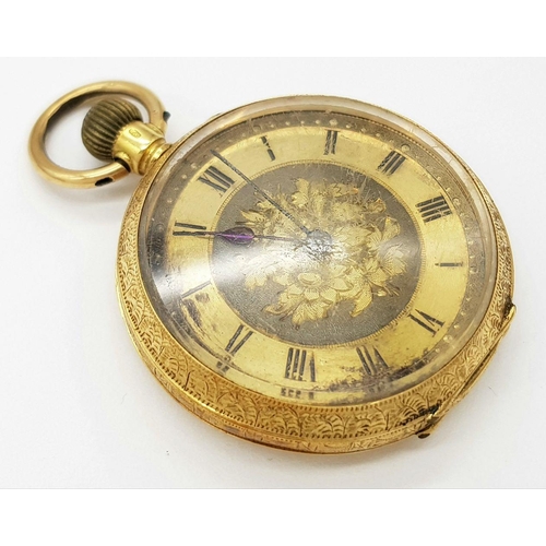 13 - AN 18K GOLD LADIES ORNATELY DECORATED EARLY 20TH CENTURY POCKET WATCH (OVERWOUND)   31.6gms