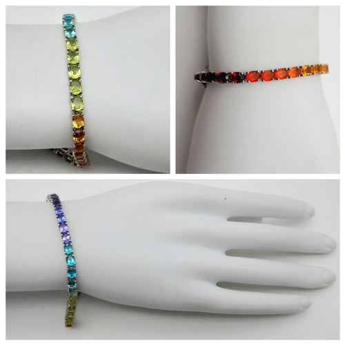 385 - A Sterling Silver, Multi-Colour Semi Precious Gemstone Set, Tennis Bracelet-22.5cm Length. Set with ... 