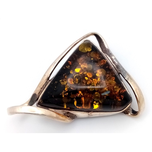 537 - A Vintage Sterling Silver Triangular Cut Amber Modernist Design Brooch. 4cm Wide. Can also be put on... 