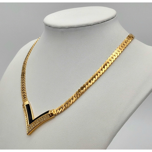 63 - A Scarce Vintage, Gold Tone, Clear Stone Set and Black Enamel Chevron Design Necklace by Christian D... 