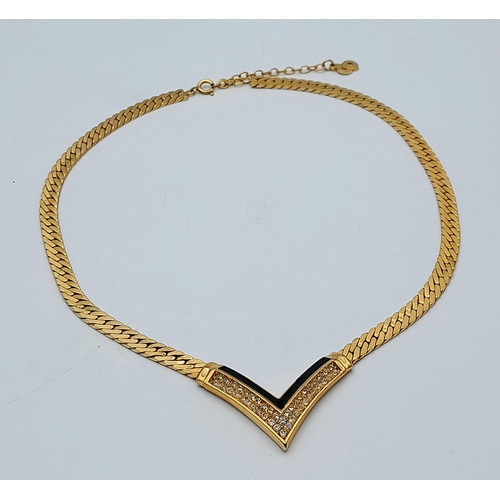 63 - A Scarce Vintage, Gold Tone, Clear Stone Set and Black Enamel Chevron Design Necklace by Christian D... 