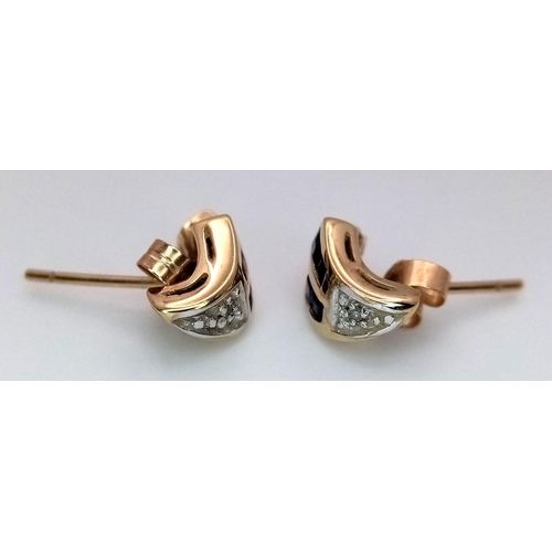 91 - A Pair of Vintage Art Deco Design 9 Carat Yellow and White Gold Sapphire and Diamond Stud Earrings. ... 