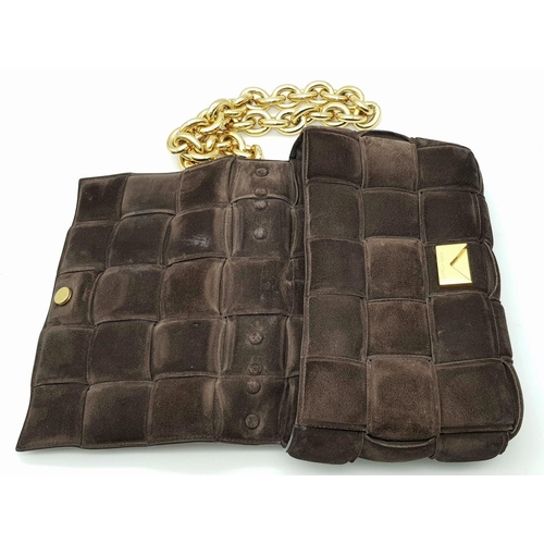 52 - A Bottega Veneta Dark Brown Suede Chain Cassette Bag. Dark brown suede exterior with gold-toned chai... 