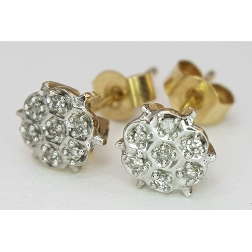 77 - A Pair of 9 Carat Yellow Gold Diamond Set Cluster Earrings. Each Earring is set with Seven Round Cut... 