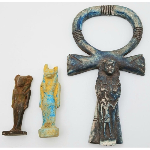 881 - Three Antique Pottery Egyptian Artifacts of Pharaohs. Good Detailed Sculptures 9cm to 23cm in Length... 