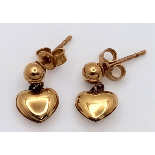 119 - Extremely attractive 9 carat GOLD BOMBE DROP EARRINGS. Heart Shaped. Presented in jewellers earring ... 