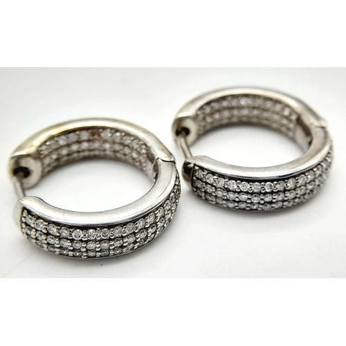 122 - A 9K WHITE GOLD DIAMOND SET HOOP EARRINGS 0.80CT . 7G TOTAL WEIGHT , APPROX 1.5CM DIAMETER. Ref: JB ... 