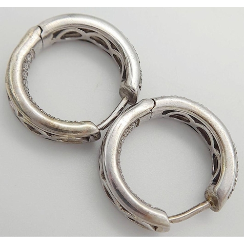 122 - A 9K WHITE GOLD DIAMOND SET HOOP EARRINGS 0.80CT . 7G TOTAL WEIGHT , APPROX 1.5CM DIAMETER. Ref: JB ... 