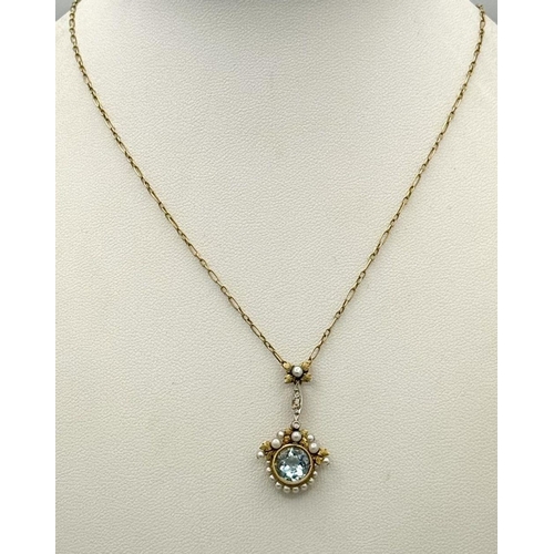 326 - An Antique 9K Gold, Aquamarine and Seed Pearl Pendant on a 9K Gold Necklace. 3cm and 42cm. 4.1g tota... 