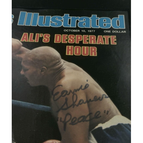 339 - A Signed Muhammad Ali and Ernie Shavers 1977 Sports Illustrated Framed Magazine. Titled: Ali's Despe... 