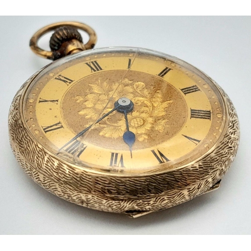 360 - An Antique 9K Gold Cased Miniature Pocket Watch. Top winder. Gilded dial. Works, but top winder need... 