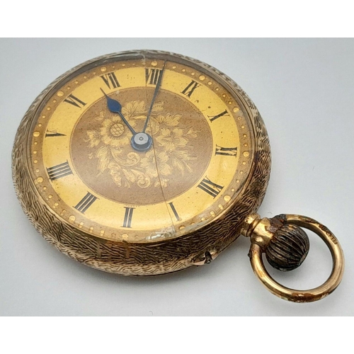 360 - An Antique 9K Gold Cased Miniature Pocket Watch. Top winder. Gilded dial. Works, but top winder need... 