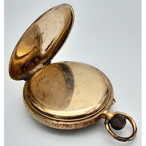 360 - An Antique 9K Gold Cased Miniature Pocket Watch. Top winder. Gilded dial. Works, but top winder need... 