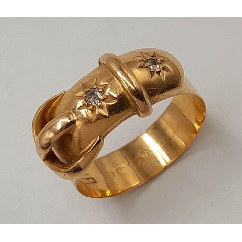 38 - A GENTS 18K GOLD BELT BUCKLE RING WITH 2 DIAMONDS .  6gms    size T    (A PERFECT PINKY RING)