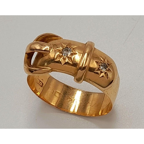 38 - A GENTS 18K GOLD BELT BUCKLE RING WITH 2 DIAMONDS .  6gms    size T    (A PERFECT PINKY RING)