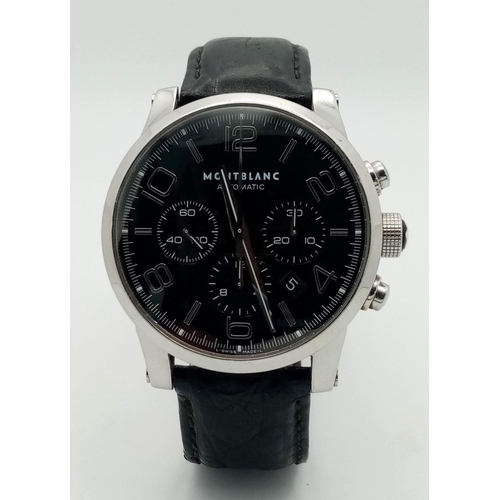 396 - A Montblanc Automatic Chronograph Gents Watch. Black leather strap. Stainless steel case - 44mm. Ske... 