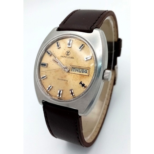 80 - A Vintage Favre-Leuba Duomatic Gents Watch. Brown leather strap. Stainless steel case - 38mm. Gilded... 