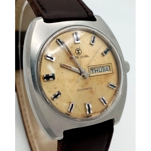 80 - A Vintage Favre-Leuba Duomatic Gents Watch. Brown leather strap. Stainless steel case - 38mm. Gilded... 