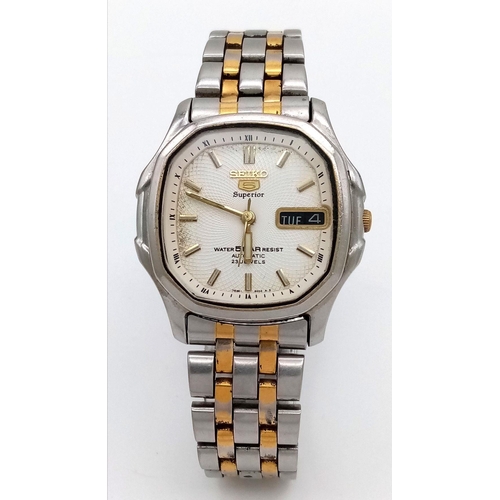 94 - A Rare Seiko 5 Superior Automatic Gents Watch. Two tone stainless steel strap and case - 38mm. White... 