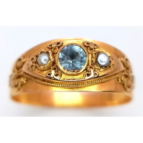 32 - AN 18K YELLOW GOLD ANTIQUE FRENCH LATE 19TH CENTURY PEARL & AQUAMARINE RING 2.7G SIZE O. Ref: SC 809... 