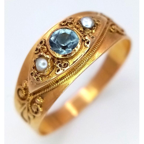 32 - AN 18K YELLOW GOLD ANTIQUE FRENCH LATE 19TH CENTURY PEARL & AQUAMARINE RING 2.7G SIZE O. Ref: SC 809... 