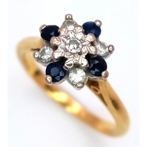 88 - AN 18K YELLOW GOLD DIAMOND & SAPPHIRE RING 3.2G TOTAL WEIGHT, SIZE J 1/2. Ref: SC 8078