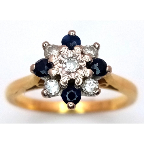 88 - AN 18K YELLOW GOLD DIAMOND & SAPPHIRE RING 3.2G TOTAL WEIGHT, SIZE J 1/2. Ref: SC 8078