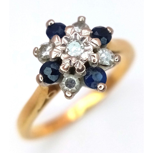 88 - AN 18K YELLOW GOLD DIAMOND & SAPPHIRE RING 3.2G TOTAL WEIGHT, SIZE J 1/2. Ref: SC 8078