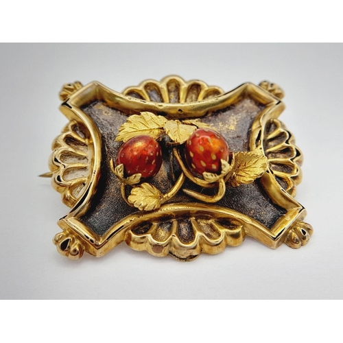 116 - A Charming Victorian (1840/50) High Karat Gold Brooch. Foliage decoration with red enamel strawberri... 