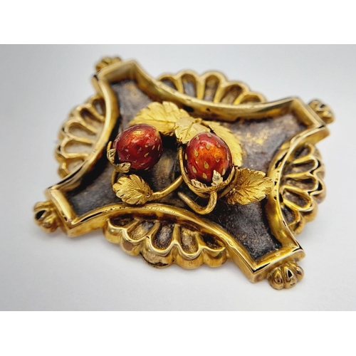 116 - A Charming Victorian (1840/50) High Karat Gold Brooch. Foliage decoration with red enamel strawberri... 