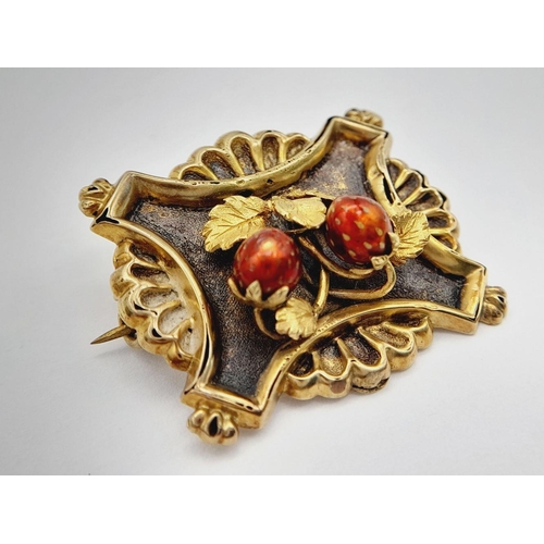 116 - A Charming Victorian (1840/50) High Karat Gold Brooch. Foliage decoration with red enamel strawberri... 