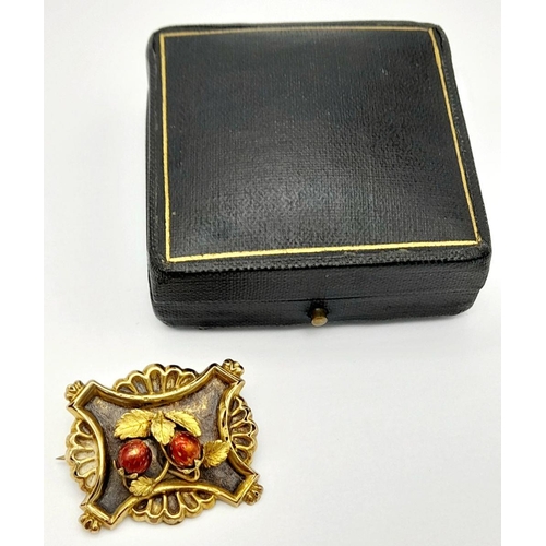 116 - A Charming Victorian (1840/50) High Karat Gold Brooch. Foliage decoration with red enamel strawberri... 