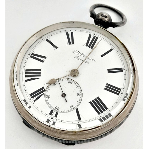 479 - An Antique H.W. Benson Sterling Silver Pocket Watch. The 'Ludgate'. Hallmarks for London 1886. 52mm ... 