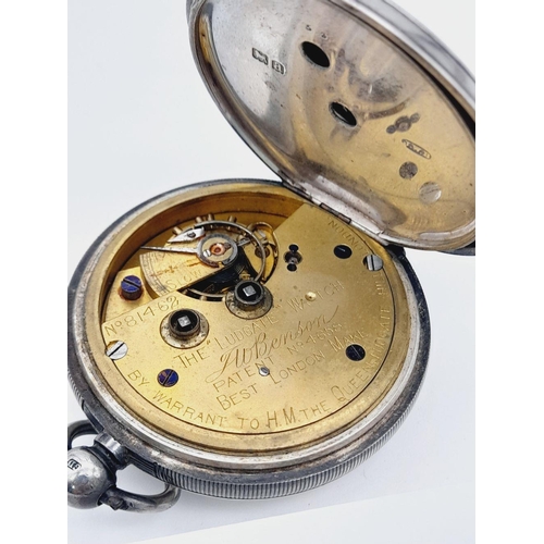 479 - An Antique H.W. Benson Sterling Silver Pocket Watch. The 'Ludgate'. Hallmarks for London 1886. 52mm ... 