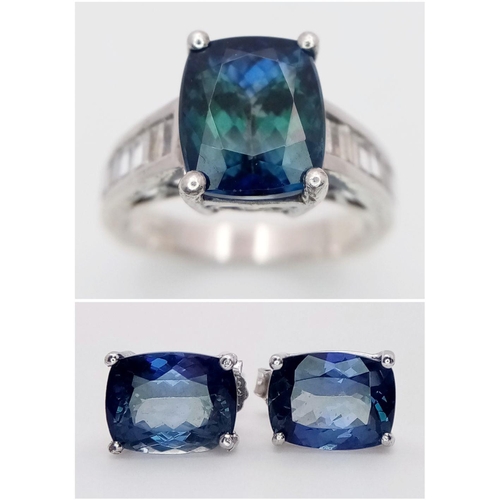 534 - A Pair of Blue Stone Silver Stud Earrings with a Green/Blue Stone Silver Ring - Size T. Ref: STK0200... 