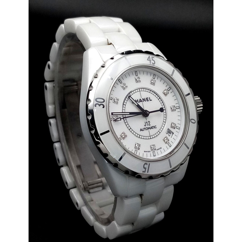 62 - A Chanel J12 Automatic Ladies Watch. White ceramic bracelet and case - 38mm. White dial with diamond... 