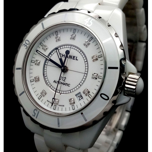 62 - A Chanel J12 Automatic Ladies Watch. White ceramic bracelet and case - 38mm. White dial with diamond... 