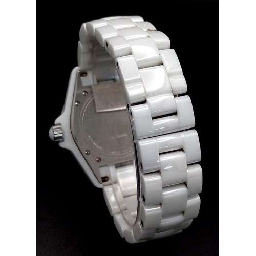 62 - A Chanel J12 Automatic Ladies Watch. White ceramic bracelet and case - 38mm. White dial with diamond... 