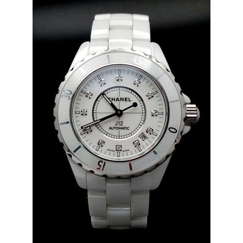 62 - A Chanel J12 Automatic Ladies Watch. White ceramic bracelet and case - 38mm. White dial with diamond... 