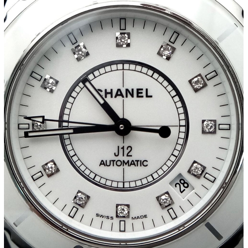 62 - A Chanel J12 Automatic Ladies Watch. White ceramic bracelet and case - 38mm. White dial with diamond... 