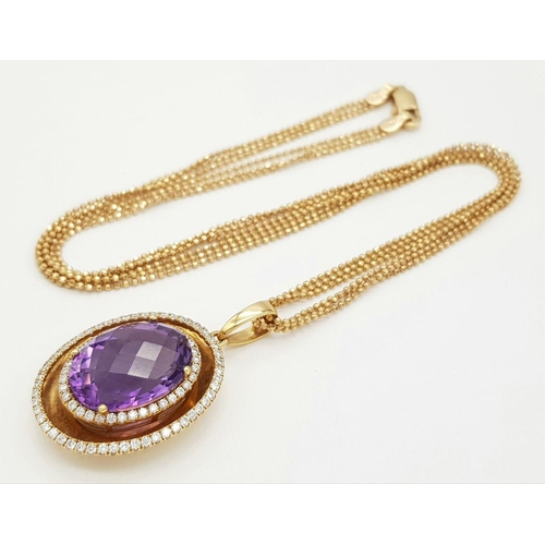 143 - A Head-Turning Amethyst and Diamond, 18K Yellow Gold Pendant on a Three Row 18K Yellow Gold Necklace... 