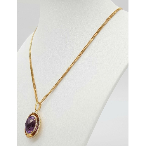 143 - A Head-Turning Amethyst and Diamond, 18K Yellow Gold Pendant on a Three Row 18K Yellow Gold Necklace... 