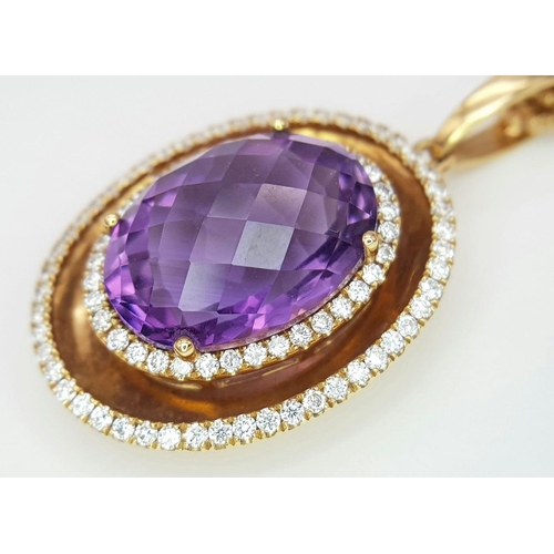 143 - A Head-Turning Amethyst and Diamond, 18K Yellow Gold Pendant on a Three Row 18K Yellow Gold Necklace... 