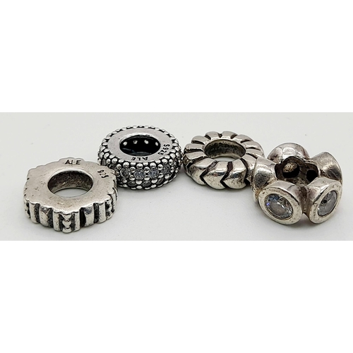 851 - 4 X PANDORA STERLING SILVER SPACER CHARMS 2 STONE SET AND 2 PLAIN 5.1G TOTAL WEIGHT. Ref: SC 8030