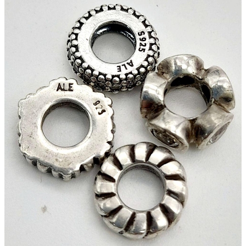 851 - 4 X PANDORA STERLING SILVER SPACER CHARMS 2 STONE SET AND 2 PLAIN 5.1G TOTAL WEIGHT. Ref: SC 8030
