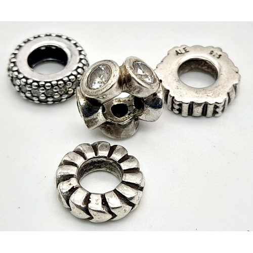 851 - 4 X PANDORA STERLING SILVER SPACER CHARMS 2 STONE SET AND 2 PLAIN 5.1G TOTAL WEIGHT. Ref: SC 8030